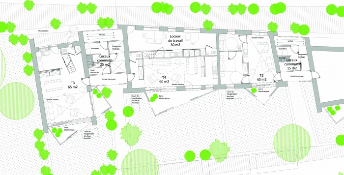 3 logements imbriqu�s, T2, T3 et T4 - Ecoquartier : Plan RdC
