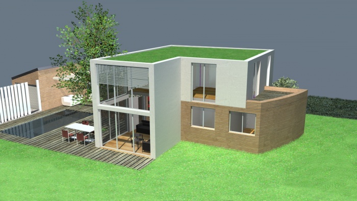 Maison mixte bois / maçonnerie et toits végétalisés