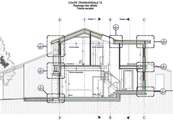 Intgration d'une maison neuve dans une ferme dsafecte : 13-027 - PRO-DCE - COUPE T1